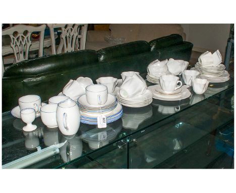 Quantity of White Shelley, some with blue painted rim. (60) pieces approximately. Comprises cups, saucers, side plates, milk 