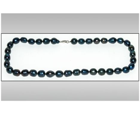 Cultured Fresh Water Peacock Pearl Necklace, ovoid pearls hand knotted between each one and fastened with a sterling silver l