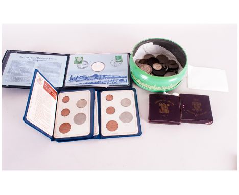 Tin of Assorted British Coins, copper and silver, Together with two cased 1951 coins, two sets of Britains First Decimal Coin