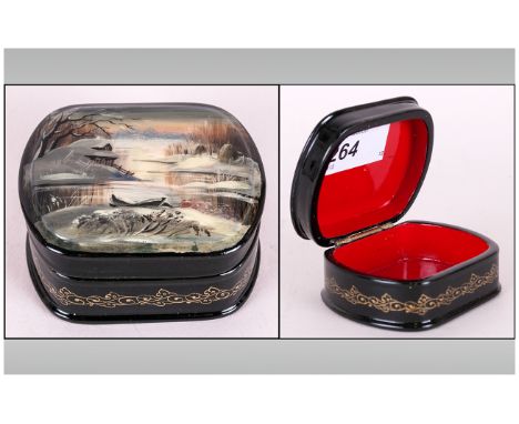 Fine Quality Russian Lacquered Table Box handpainted with infinite details. Depicting Russian winter landscape. Highlighted m