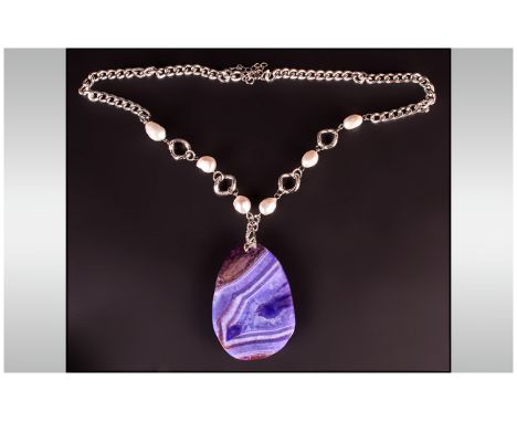 Large Purple Banded Agate Pendant Necklace, the spectacular agate pendant of approximately 90cts, with a white  Austrian crys