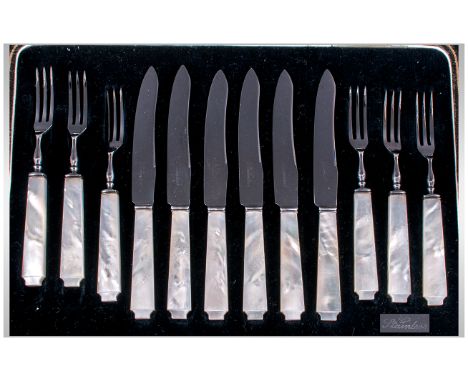 Boxed Set of Dessert Knives and Forks, mother of pearl handles.