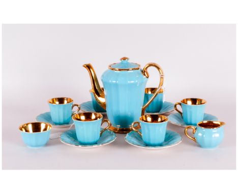 Wade Coffee Set comprising coffee pot, sugar bowl, milk jug and 6 cups and saucers. Sky blue colour with gilt trims and inter