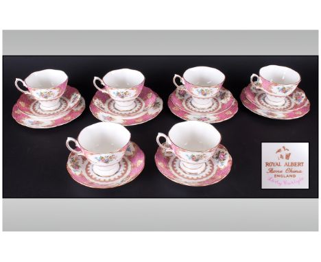 Royal Albert Part Tea Set ''Lady Carlyle'' - White and pink with floral decorations. Comprises of 6 Cups, saucers and side pl