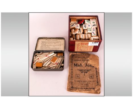 Chinese Mah Jong Set in wooden box together with counter sticks and instruction manual.