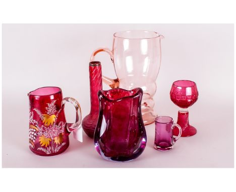 Six Pieces of Coloured Glass comprising Murano style vase, 4 pieces of ruby glass and a 1930's glass jug.