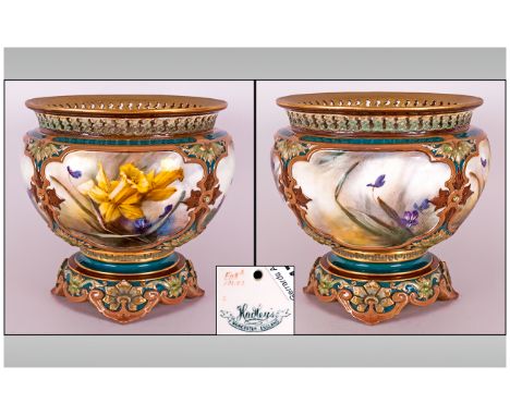 Royal Worcester Hadley's Hand painted Daffodils Floral Bowl, with Six Panels of Flowers Within Chocolate Brown Borders and Op