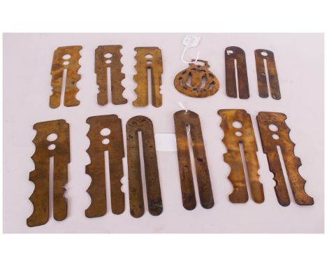 1914-1918 Military Brass Button Shields (10) in total. Numbered and various makers stamps. Together with one old horse brass.