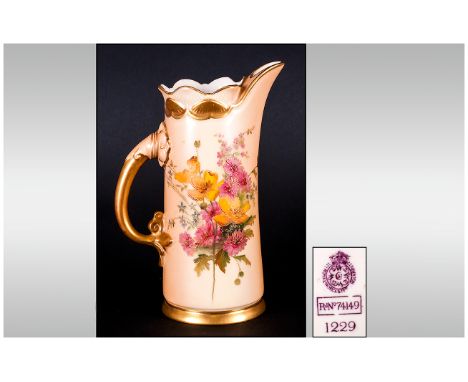 Royal Worcester Hand Painted Blush Ivory Single Handle Vase / Jug ' Spring Flowers ' Date 1903. Shape 1229, Height 6 Inches. 