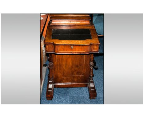 Victorian Walnut Inlaid Writing Davenport. With a fitted envelope compartment to the top. With a leathered flap and a fitted 