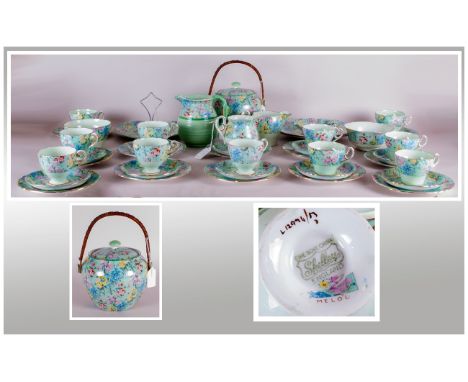 Shelley 1930's 45 Piece Tea Service circa 1930''s Melody Chintz Pattern, number 12974, Henley Shape, Red, Pink, Blue & Yellow