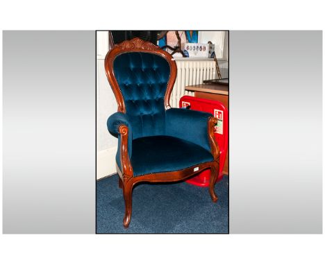 Retro Victorian Style Ladies Spoon Back Parlour Armchair with button back draylon blue material. In the French style.