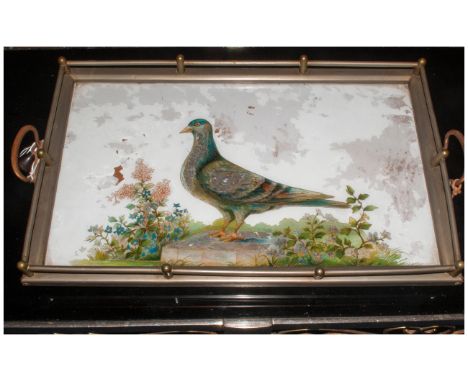 Painted Glass Topped Tray with metal carrying handles, an unusual item depicting a racing pigeon amongst foliage, the body of