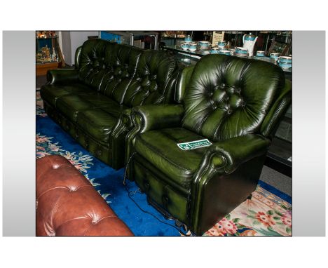 Two Piece Green Leather Suite Comprising three seater sofa 69'' in width, 36'' in height, 34'' in depth, & Armchair 36'' in h