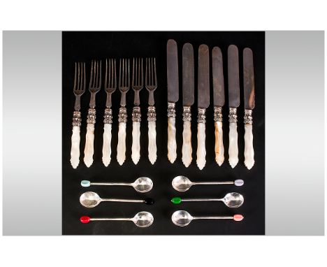 Set Of 12 Mother Of Pearl Handled Dessert Knives & Forks, Together With 6 Coffee Spoons