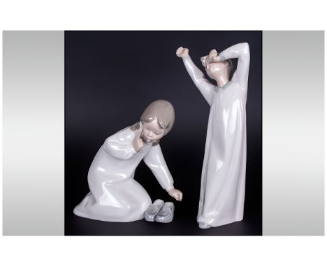 Lladro Figures ( 2 ) In Total. 1/ Boy Awakening ' Model No.4870, Issued 1974, Height 8.5 Inches, 2/ Little Girl With Slippers