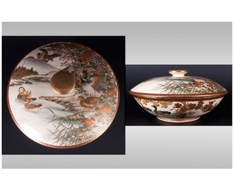 Japanese Early Meiji Period High Quality Satsuma Lidded Bowl, beautifully hand decorated in poly chrome enamels and fine gild