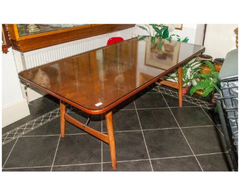 Borge Mogensen for Soborg ''Hunting Table'' Mod 158 c1950 Teak Top Raised On Oak Legs With Metal cross stretcher.  36 inches 