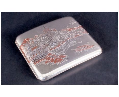 A Japanese Silver Cigarette Case with scenes of Japan landscapes with silver & copper images. Marked sterling. 3ozs, 3grams. 