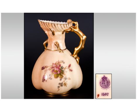 Royal Worcester Hand Painted Blush Ivory Jug / Vase ' Garden Flowers ' Naturalistic Gold Handle. Date 1912. Height 5 Inches. 