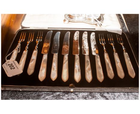 Set Of 12 Mother Of Pearl Handled Dessert Knives And Forks. 