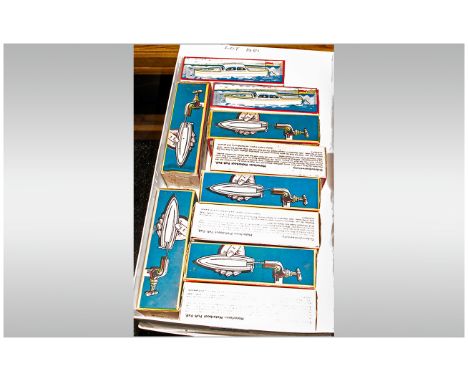 Collection Of 10 Tinplate 'Motorloses Motorboot Puff-Paff'' German Made Model Boats. Original boxes. Each boat 5.5 inches lon