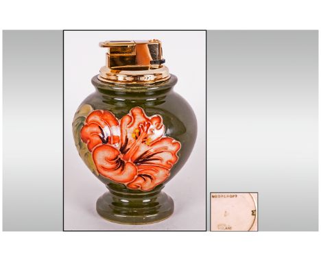 Moorcroft Table Lighter ' Coral Hibiscus ' On a Green Ground. 4.5 Inches High. Excellent Condition. 