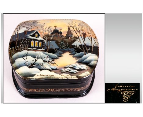Fine Quality Russian Lacquered Table Box, Hand Painted with Infinite Detail, Depicting Beautiful Russian Winter Landscape Fea