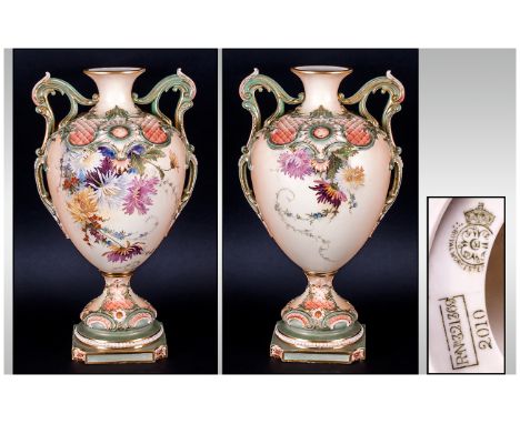 Royal Worcester Hand Painted and Impressive Tall Two Handle Floral Vase. c.1896. Stands 15 Inches HIgh. 