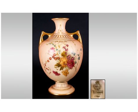 Royal Worcester Hand Painted Blush Ivory Two Handled Vase. c.1900. With Floral Decoration and Gold Handles and Borders. Excel