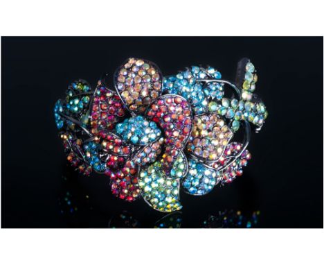 Butler & Wilson Style Multicolour Rose Bangle, a rose to the centre front of the cuff with leaves and stems to either side, a
