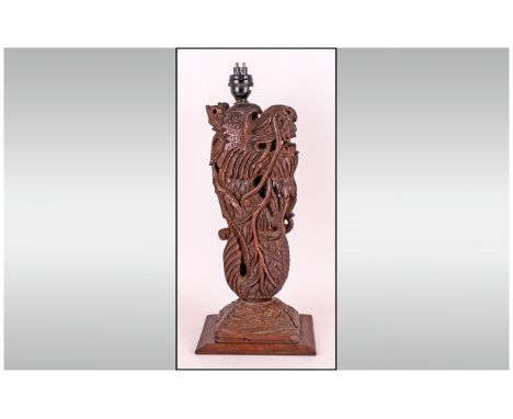 Oriental - Finely Carved Wooden Table Lamp In The Form of a Mythical Sea Creature. c.1920's . 17 Inches. 