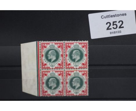 S.G. 259 1/= DEEP DULL GREEN AND SCARLET, a left hand marginal block of 4, UN/M, lovely colour