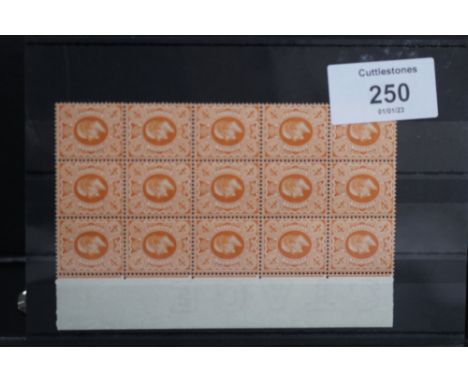 S.G. 241 1909 4d ORANGE RED, an UN/M block of 15 from the left of the sheet