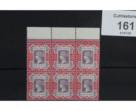 S.G. 210 10d DULL PURPLE AND CARMINE, an UN/M top marginal block of six, superb