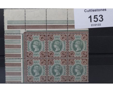 S.G. 205a 1887 4d GREEN AND DEEP BROWN, an UN/M corner marginal block of six