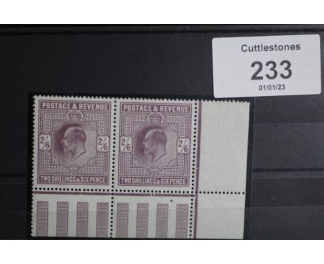 S.G. 317 KING EDWARD 2/6 DARK PURPLE, an UN/M pair from the bottom right corner or the sheet