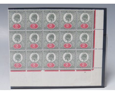 S.G. 292 1912 2d GREY GREEN AND BRIGHT CARMINE, a superb UN/M block of 15 corner marginal