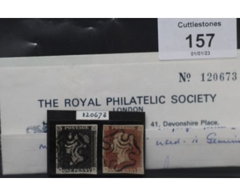 1840 1d BLACK, plate 11 together with 1D red, a matched pair 'R H' with Royal certificate