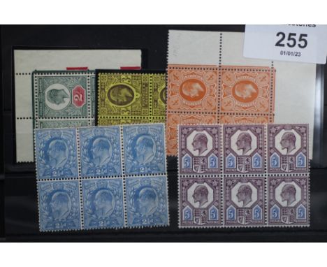 KING EDWARD 2d, 2½d, 3d, 4d (ORANGE) AND 5d, in mint or UN/M, six blocks of 4 or 5, attractive