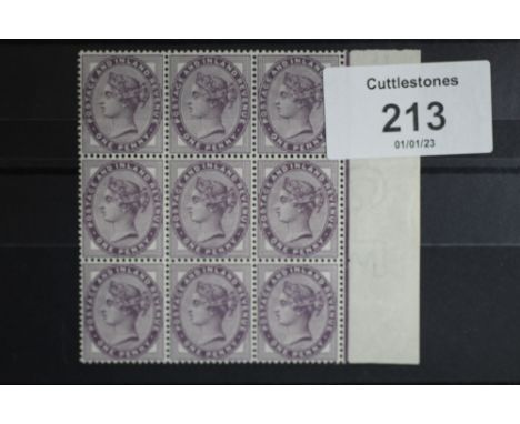 S.G. 172 1881 1d LILAC (16 DOTS), an UN/M marginal block of nine, with watermark inverted