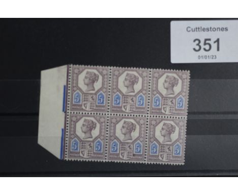 S.G. 207a 1887 5d DULL PURPLE AND BLUE, an UN/M marginal block of 6