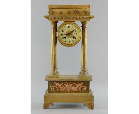 Gilt metal Portico style mantel clock with twin train movement, 46cm x 22cm