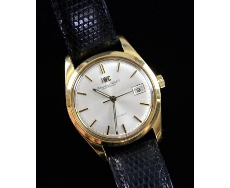 Gentleman's IWC International Watch Company Schaffhausen 18ct gold Automatic wristwatch, circular slivered dial, plain hour m