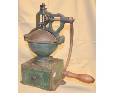 Large Peugeot green cast-iron side cranked table mill with closed hopper and wooden drawer, 40cm,