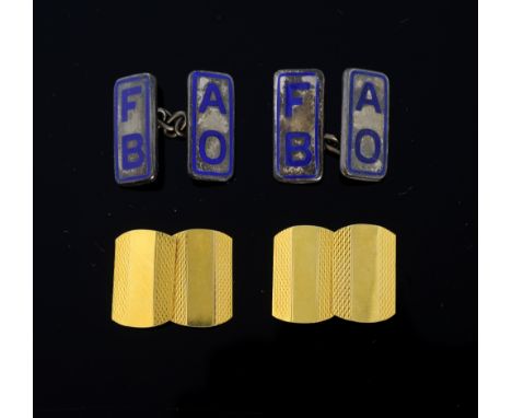 Two pairs of cufflinks, one gold with engine turned decoration and another pair silver and enamel, AOFB Ancient Order of  Fro