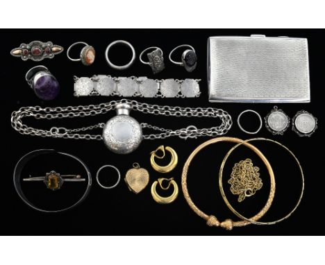 Collection of silver jewellery and a perfume bottle,  including six silver rings, silver bracelet, fluorite silver ring, silv