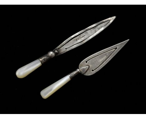 Scottish silver bookmark in the form of a trowel and another silver bookmark in the form of a dagger both with mop handle
