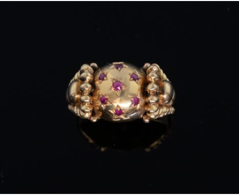 Vintage ruby and gold dress ring, set with seven rubies in a gypsy setting, mounted in 18ct yellow gold. 