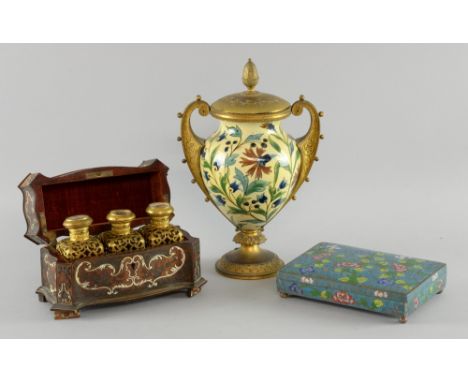 19th century French chest containing scent bottles of  ruby glass with gilt metal mounts, the box inlaid with various woods, 
